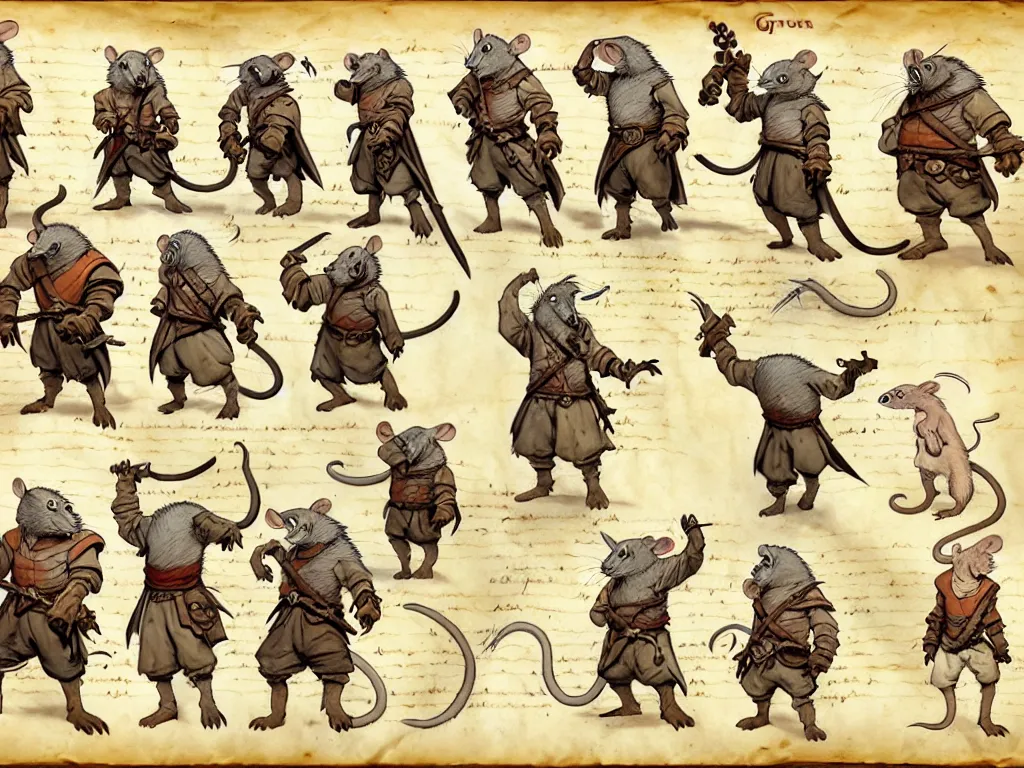 Prompt: character design sheet for a group of heroic rat pirates on a parchment background, redwall, greg rutowski and jean baptiste monge, very very detailed, epic fantasy concept art