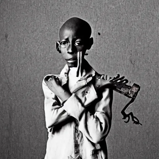 Image similar to an african boy from the movie tank girl, by jamie hewlett and sawoozer and roger ballen,