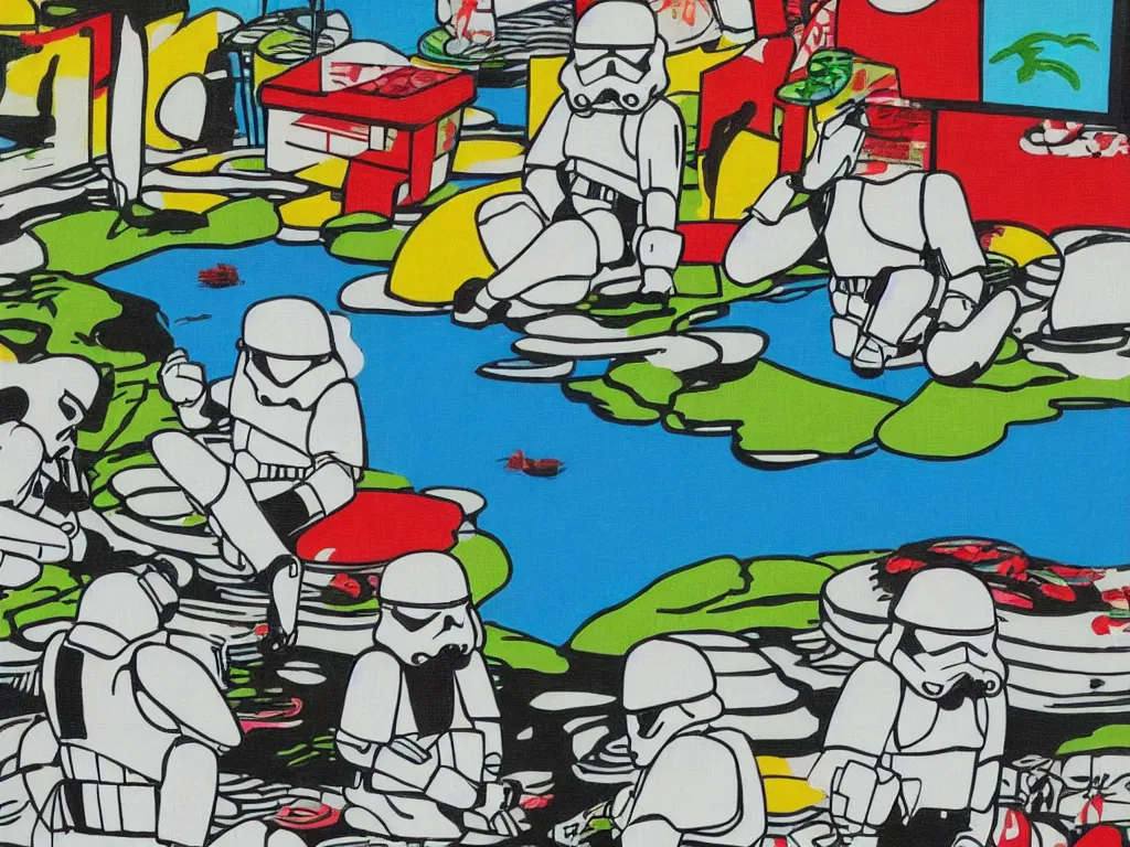 Prompt: close - up image of a japanese house with a pond, stormtroopers sitting around it, in style of pop - art, andy warhol, roy lichtenstein, jackie tsai, bright palette, acrylic on canvas