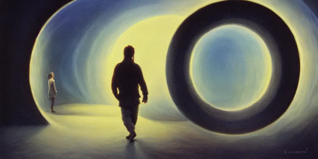 Prompt: a beautiful painting of a person walking out of a stargate by sven nordqvist 8 k particulate moody light film grain