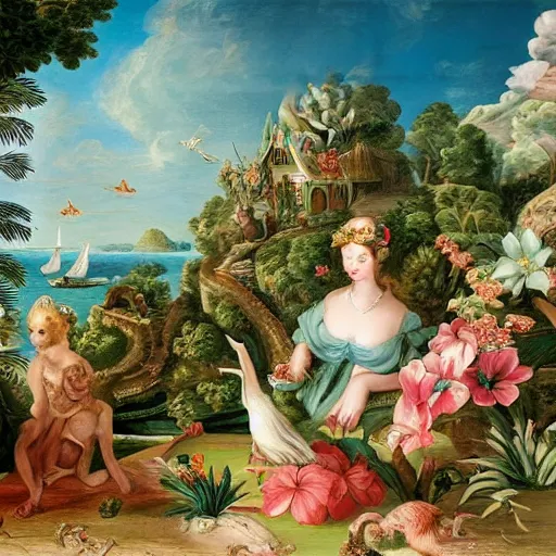 Prompt: tropical beach paradise, rococo art style, animals and birds, highly detailed