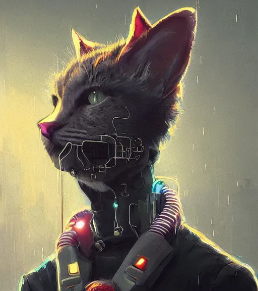 Image similar to new york city portrait of furry anthro anthropomorphic common house cat head animal person fursona wearing clothes strange cybernetic muzzle gloomy rainy screenshot from the video game cyberpunk 2077 digital art by Greg Rutkowski, Simon Stalenhag, christopher nolan trending on Artstation, CGSociety