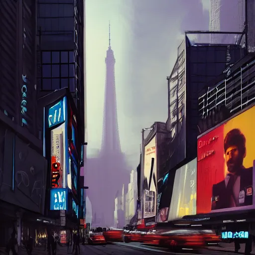 Image similar to modern downtown city, Parisian buildings, billboards, advertisements, Times Square, small buildings, dark, matte painting, concept art, digital painting, style of Ian Hubert, warm lighting, futuristic, volumetric lighting, street view, daytime, godrays , high detail