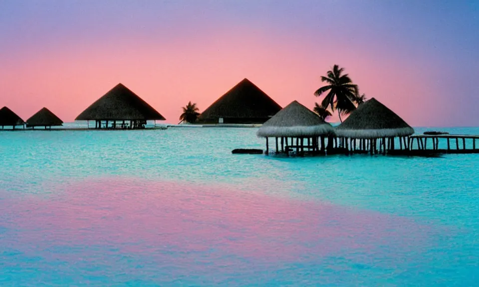 Image similar to 35mm film still magic morning light over an island in the maldives, by Alex grey