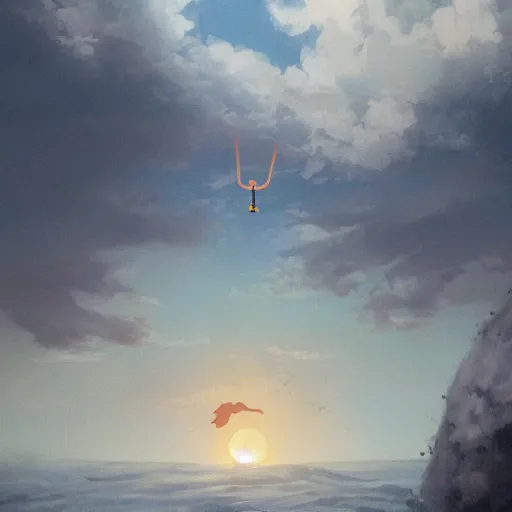 Image similar to the disembodied head of rudy giuliani is floating in the sky and covering the sun. the sky is orange. people on the ground are running away out of fear. a rotoscoped image, comedy, ( ( concept studio ghibli ) ) ( ( by greg rutkowski ) )