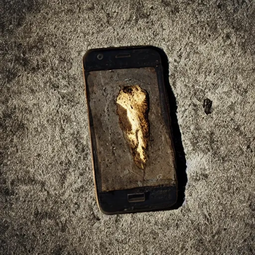 Image similar to fossilized cellphone, archaeology, photorealisitc