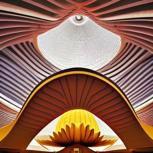 Image similar to futuristic lotus temple space station with gold, red and white marble panels, by santiago calatrava and buckminster fuller and syd mead, intricate contemporary architecture, photo journalism, photography, cinematic, national geographic photoshoot