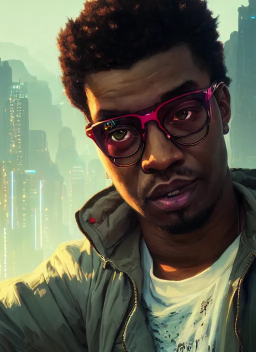 Prompt: Highly detailed portrait of Neonpunk Marques Brownlee, in GTA V, Stephen Bliss, unreal engine, fantasy art by Greg Rutkowski, Loish, Rhads, ferdinand knab, Makoto Shinkai and Lois van baarle, ilya kuvshinov, rossdraws, Tom Bagshaw, global illumination, radiant light, detailed and intricate environment