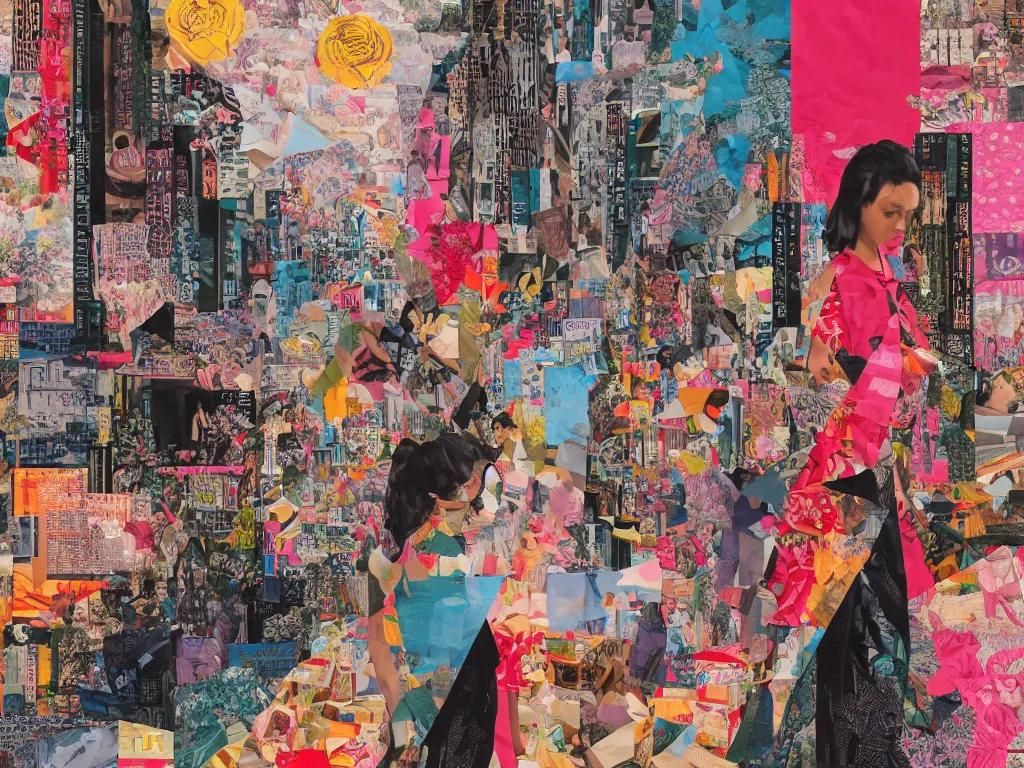 Prompt: maximalist paper collage art of a woman walking through a tokyo shopping district at sunset