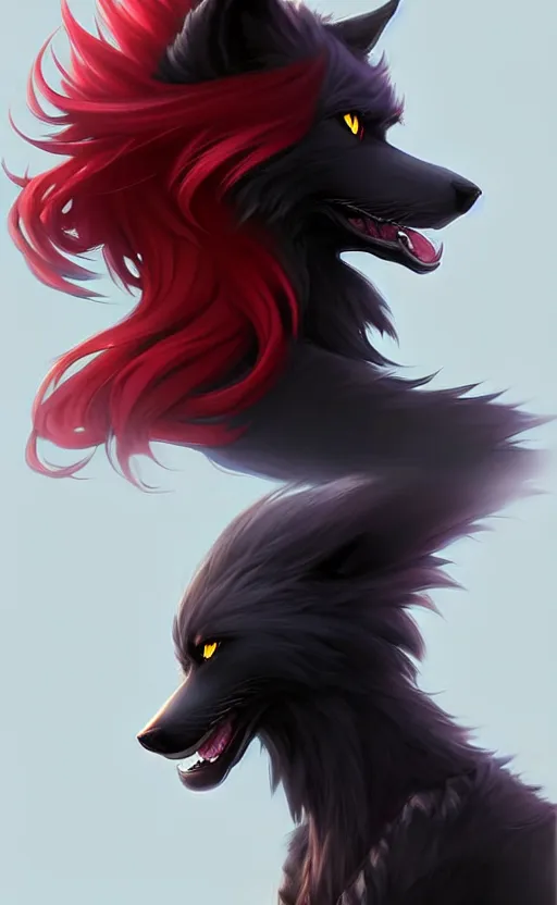 Image similar to character concept art of a black anthropomorphic male furry wolf long red hair | | cute - fine - face, pretty face, key visual, realistic shaded perfect face, fine details by stanley artgerm lau, wlop, rossdraws, james jean, andrei riabovitchev, marc simonetti, and sakimichan, trending on artstation