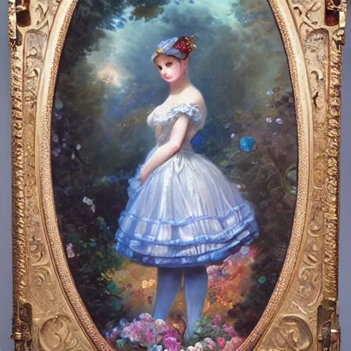 Prompt: Alice in Wonderland,Diamonds Blaze,Rose twining,out of time and space,dreamy, eternity, romantic,highly detailed,in the style of Franz Xaver Winterhalter, night lighting