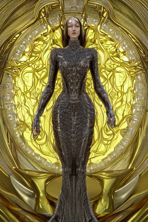 Image similar to a highly detailed metahuman 4 k render of an alien lsd goddess bella hadid in iris van herpen dress schiaparelli in diamonds swarovski and jewelry in style of alphonse mucha gustav klimt trending on artstation made in unreal engine 4