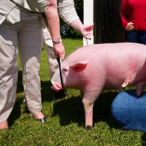 Prompt: a woman interrupts a pig with a microphone