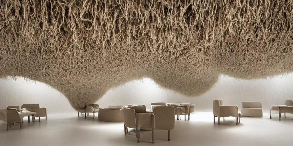 Prompt: futuristic interior organic design by Ernesto Neto composed all covered with wool and hair, the chairs, tables, and walls all seem to meld together into a color-shifting with covered with wool and hair, hair ground surface, maximum natural texture, soft smooth surfaces, beige light colors monochromatic, warm illumination, cinematic alien futuristic atmosphere, in low fog, magical digital, 8k resolution, golden ratio, best color graded, vray beautiful, ambient occlusion, subsurface scatter, radiosity, hyper-realistic render