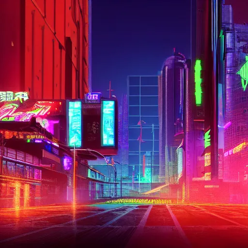 Prompt: cyberpunk photo of downtown Mesa Arizona, 2077, photorealistic, highly detailed, colorful, neon, night time, 4k