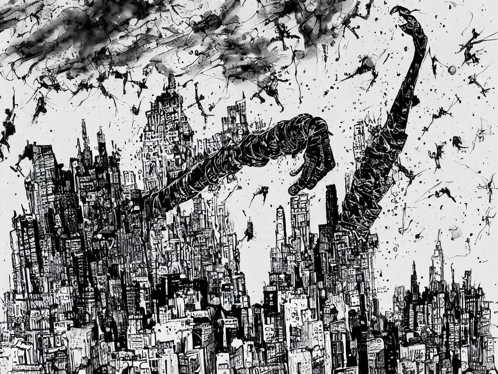 Prompt: gigantic arm floating over city snapping its fingers, ralph steadman style, monochromatic