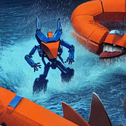 Image similar to a giant athletic sleek well - designed strong blue mecha robot fighting a giant orange monstrous hammerhead shark kaiju creature in waist deep water