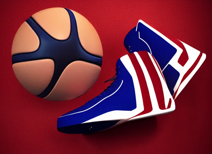 Image similar to basketball sneakers concept of captain america, picture by tim burton, render, cinema 4 d, octane render