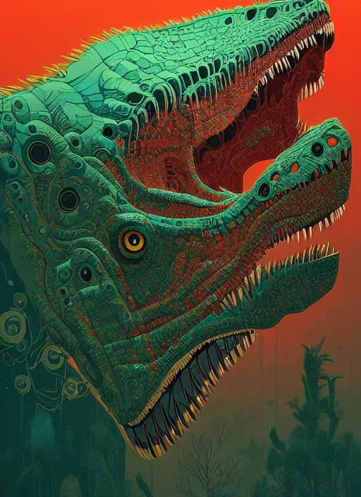 Prompt: stunning portrait of jurassic park raptor, by victo ngai, kilian eng vibrant colors, dynamic lighting, digital art, winning award masterpiece, fantastically beautiful, illustration, aestheticly inspired by beksinski and dan mumford, upscale with simon stalenhag work, artstation, 8 k