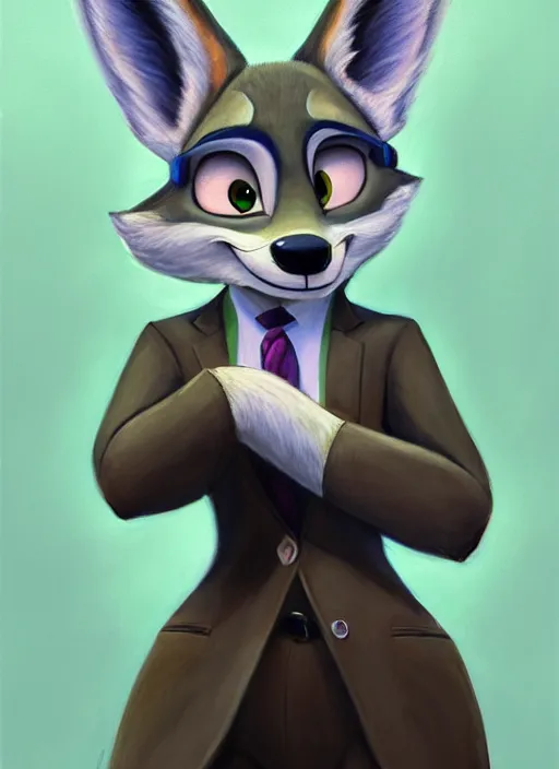 Image similar to oil painting of detailed full body of anthromorphic female wolf, in style of zootopia, zootopia, zootopia, fursona, furry, furaffinity, 4 k, deviantart, furry art, fursona art, wearing black business suit, business suit, in style of zootopia, wolf fursona, cyberpunk, female, expressive detailed feminine face,