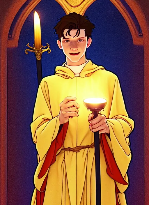 Prompt: tom holland as a priest wearing robes. holding golden candlestick, in a monestry natural lighting, path traced, highly detailed, high quality, digital painting, by don bluth and ross tran and studio ghibli and alphonse mucha, artgerm