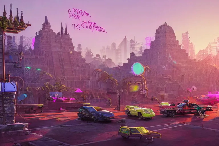 Image similar to hyperrealistic matte painting of aztec temples in a future environment with flying cars, mechanical features and neon, graffiti, scaffolding, smog, destruction by filip hodas, beeple, 4 k, trending on cgsociety