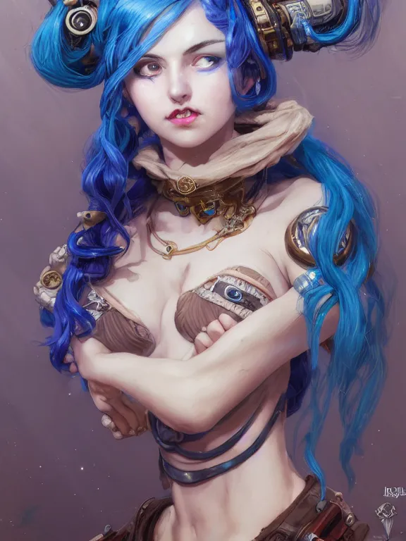 Image similar to a League of Legends FAN ART Portrait of crazy JINX , blue hair, long pigtail, steampunk,neuroticism,intricate, elegant, highly detailed, digital painting, concept art, smooth, sharp focus, illustration, by Laurie Greasley,Lawrence Alma-Tadema,Dan Mumford,artstation,deviantart,Unreal Engine,face enhance,8K,golden ratio,cinematic lighting