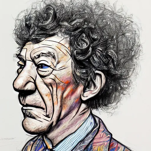 Image similar to a realistic yet scraggly portrait sketch of the side profile of a stern and sophisticated ian mckellen wearing an afro wig, colorized by lisa frank, intricate details, in the style of frank auerbach, in the style of sergio aragones, in the style of martin ansin, in the style of david aja, in the style of mattias adolfsson