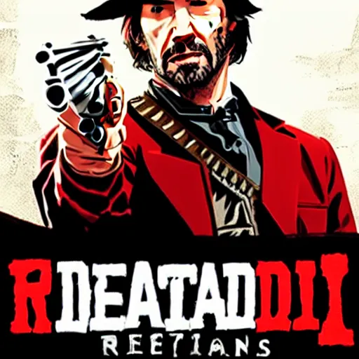 Image similar to Keanu Reeves as a Red Dead Redemption 2 character, dressed as a Western sheriff, game box art