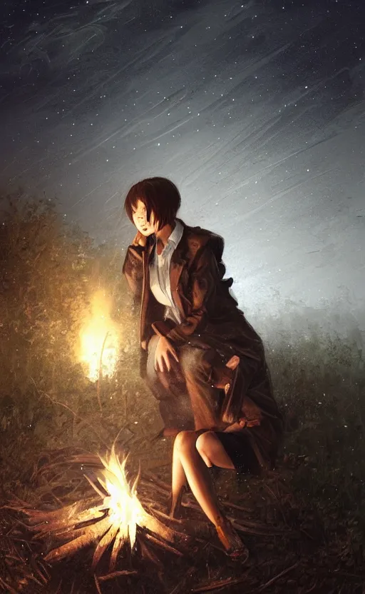 Image similar to An anime girl with short black hair and green eyes in a tan trenchcoat sitting on a log and drinking tea by the campfire by her motorcycle at night under the stars in the style of Jakub Rozalski, evocative, mystical night, detailed, award winning, masterpiece digital painting by Greg Rutkowski, Alex Grey, artstation, 4k wallpaper