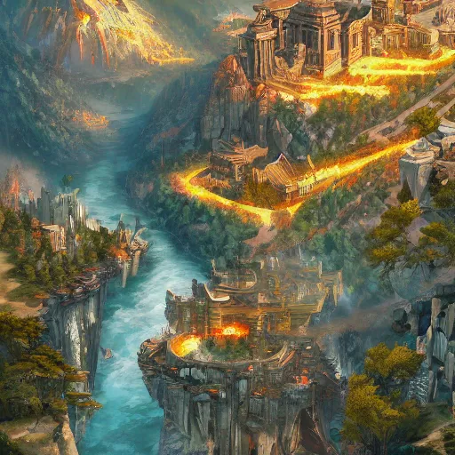 Image similar to a birds eye view overlooking an ancient fantasy city surrounded by mountains and trees of greens and browns, rivers and lakes, the city is burning by Jordan Grimmer, Asher Brown Durand and Ryan Dening, 8k, artstation, beautiful color pallette