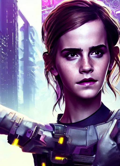 Prompt: portrait of Emma Watson in a Cyberpunk 2077 loading screen, looking at camera, intricate, dystopian, sci-fi, extremely detailed, digital painting, artstation, concept art, smooth, sharp focus, illustration, intimidating lighting, incredible art by artgerm and greg rutkowski and alphonse mucha and simon stalenhag