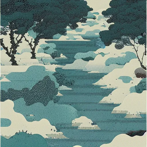 Prompt: illustration of a river lined with trees, terrazzo texture, by hsiao - ron cheng, hokusai, james jean