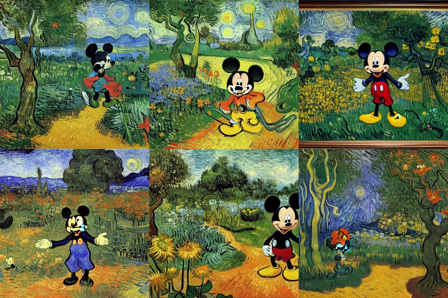 Prompt: mickey mouse entering the garden of eden, oil painting by van gogh, masterpiece