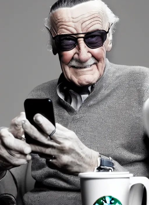 Image similar to stan lee sitting inside a starbucks and taking a picture of his drink cup with his iphone 1 2, black and white photo, real, photorealistic