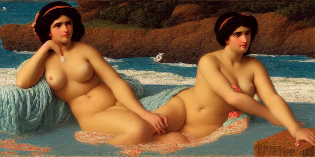 Image similar to woman on the beach ， 4 k resolution, ultra wide angle, by john william godward