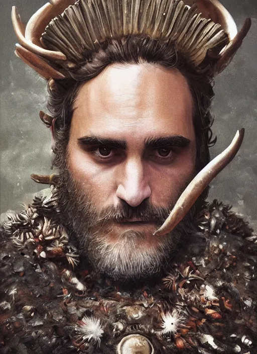 Image similar to digital painting of joaquin phoenix with an armor made of animals, cow horns, pig nose, sheep wool, chicken feather armor, majestic, by anna podedworna and miklos ligeti, diego maricato, taran fiddler, antonino truisi, chris reddie, jinsung lim, trending on artstation