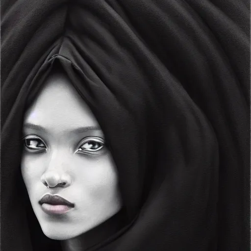 Image similar to a portrait of a young black woman wearing a long dark cloak, hood and shadows covering face, anatomically correct, beautiful perfect face, enigmatic, oil painting, matte painting, black background, Volumetric dynamic lighting, Highly Detailed, Cinematic Lighting, Unreal Engine, 8k, HD, by Beksinski