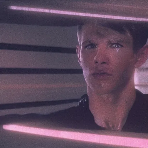 Image similar to cinematic portrait of a runaway cyborg in an empty room, still from the movie bladerunner