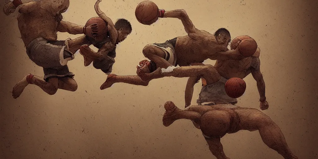 Prompt: digital illustration of mixed martial arts and basketball by john kenn mortensen, indi sulta, beksinski, nicola samor, highly detailed, abstract, intricate, studio ghibli color scheme