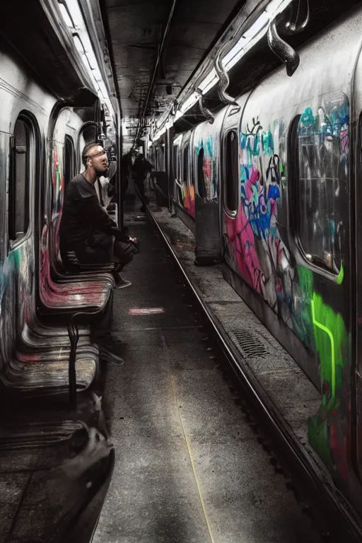 Prompt: portrait, Graffiti sprayed old new york Subway car, dynamic lighting, volumetric, bokeh, cinematic, establishing shot, extremly high detail, photo realistic, cinematic lighting, post processed, concept art, artstation, matte painting, style by eddie mendoza, raphael lacoste, alex ross