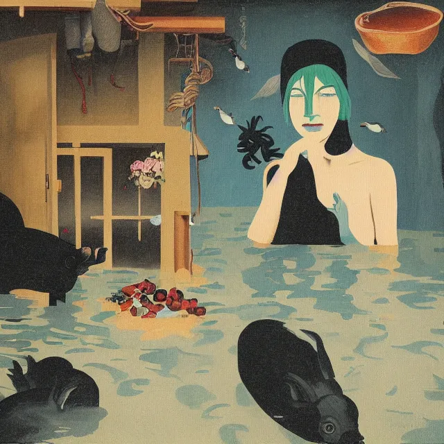 Image similar to tall female emo artist holding a pig in her flooded bathroom, water gushing from ceiling, painting of flood waters inside an artist's bathroom, a river flooding indoors, pomegranates, pigs, ikebana, zen, water, octopus, river, rapids, waterfall, black swans, canoe, berries, acrylic on canvas, surrealist, by magritte and monet