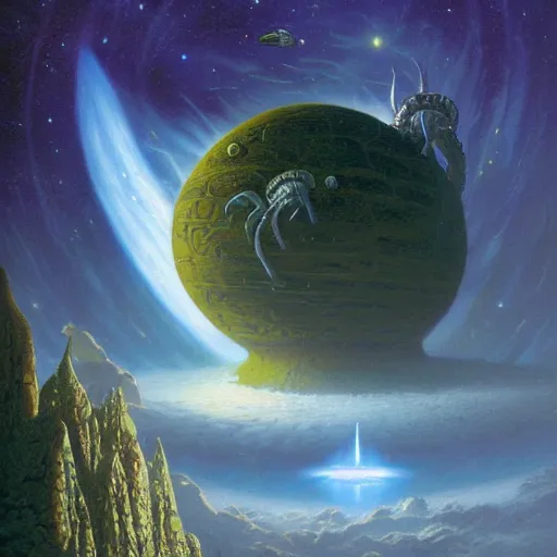 Prompt: alien planetscape illustrated by thomas kinkade and michael whelan