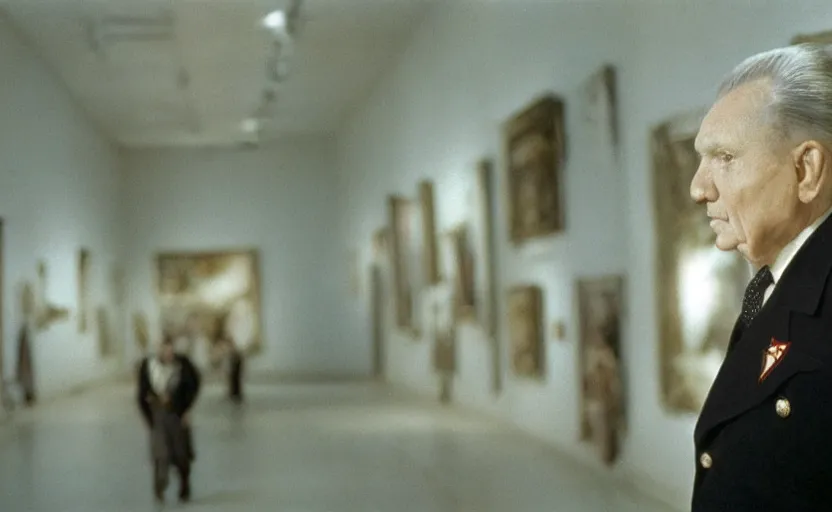 Image similar to 50s movie still close-up portrait of an elder soviet general walking in an empty museum, by David Bailey, Cinestill 800t 50mm eastmancolor, heavy grainy picture, very detailed, low quality video, 4k, HD criterion, precise texture and facial expression