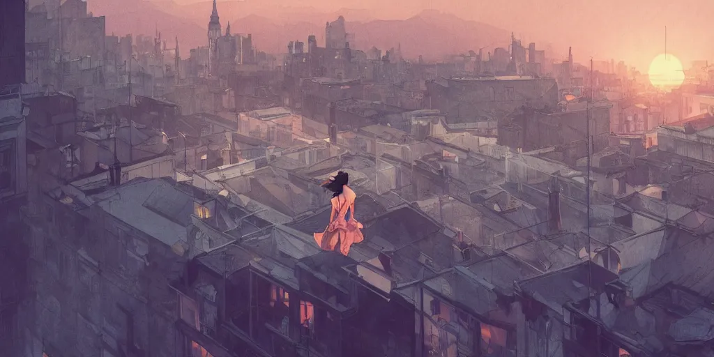 Image similar to sideways landscape photo of person jumping on the roofs, high contrast, moody sunset, late night, detailed low poly characters, by greg rutkowski, alphonse mucha, beeple, sharp focus, digital art, smooth, light refraction, pixiv art, volumetric lighting, makoto shinkai