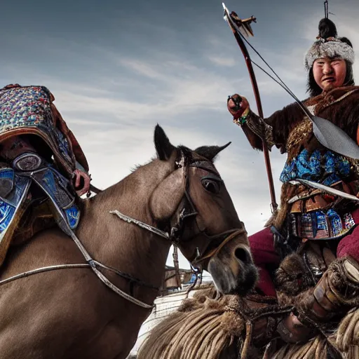 Image similar to mongolian warrior from ancient lands of taran shooting arrows from his horse, highly detailed, ultrawide lens, photography award of the year 2 0 2 0