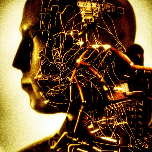 Image similar to a dark cyberpunk dream of wires broken skulls skin cybernetic machines and decay, moody, hyperrealism, 8 k photo, atmospheric