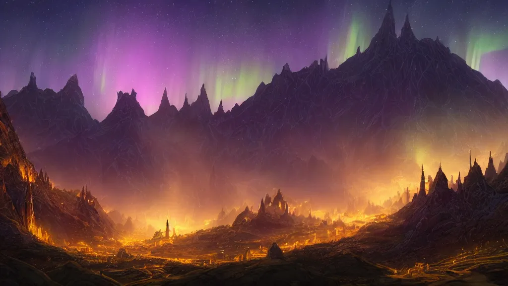 Prompt: wandering an elvish city at night, with beautiful glowing lights reflecting off the hilltops. beautiful stars, aurora borealis. magical scene. epic landscape and city painting by tyler edlin, and michael whelan, and j. r. r. tolkien. 4 k hd wallpaper premium prints available.