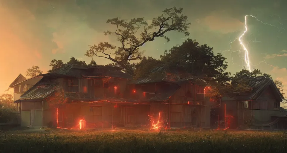 Image similar to Landscape with GIANT lightning bolt striking a Japanese house, center composition, cinematic, rendered by simon stålenhag, rendered by Beeple, Makoto Shinkai, syd meade, environment concept, digital art, starwars, unreal engine, 3 point perspective, WLOP, trending on artstation, low level, 4K UHD image, octane render,