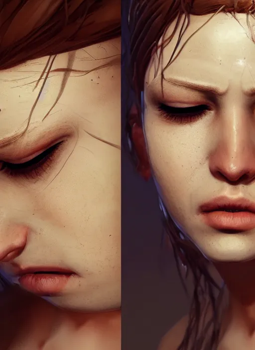 Image similar to a female looking directly while her left eye is closed and the other is open, naturel, hyper detailed, digital art, trending in artstation, cinematic lighting, studio quality, smooth render, unreal engine 5 rendered, octane rendered, art style by klimt and nixeu and ian sprigger and wlop and krenz cushart